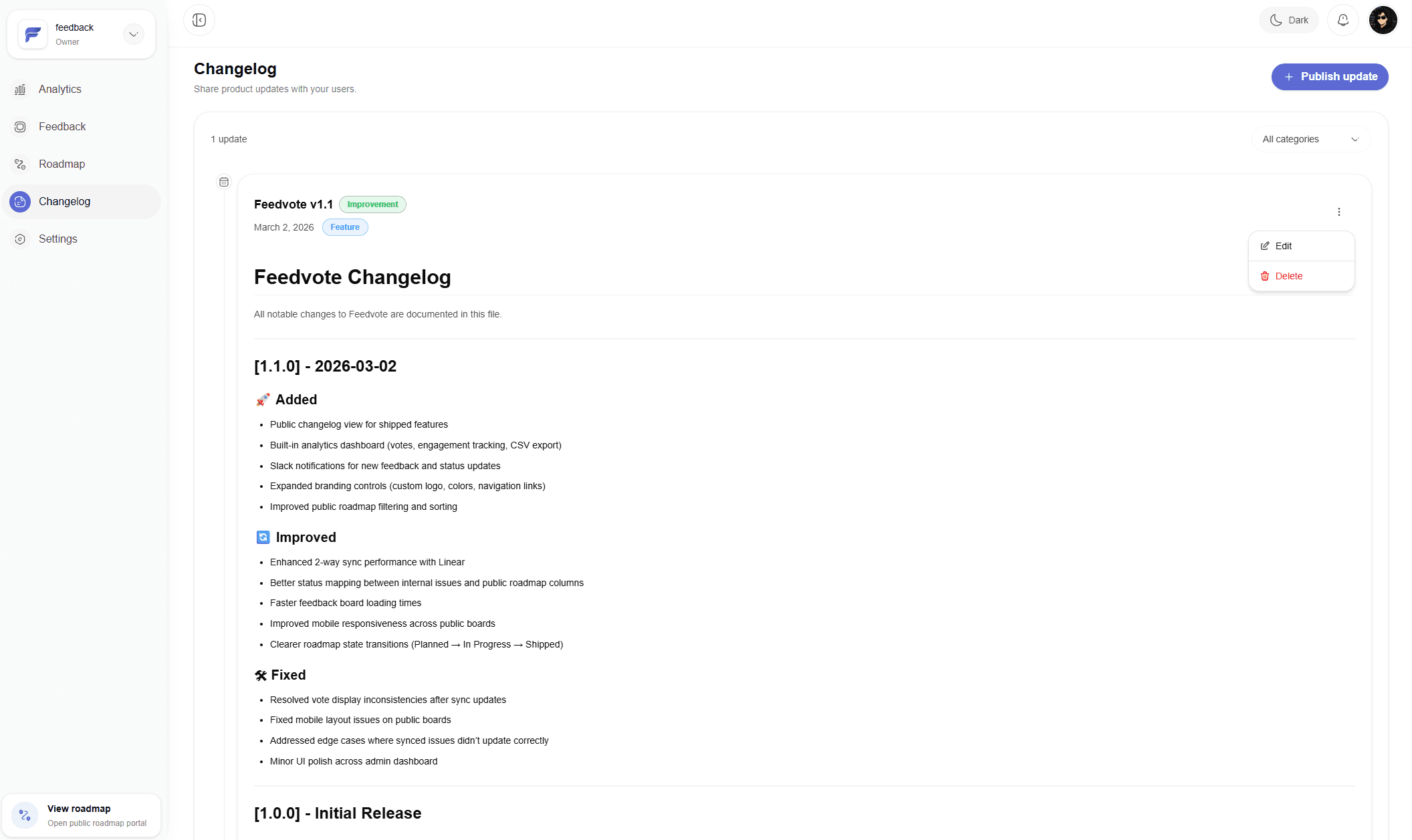 Feedvote changelog editor with markdown support and category tags